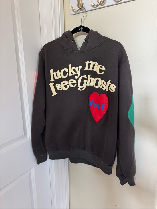 LONELY GHOST Tops - LONELY GHOST Black Hoodie with Cream Lettering, Red Heart & Teal Sleeve Accent